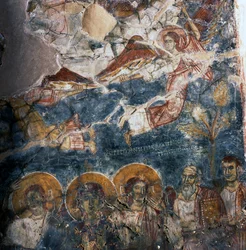Engel en Heiligen, fresco in klooster van Agios Georgios, Diavaide, Kreta, Griekenland (foto)