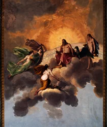Christus en Engelen, fresco op plafond van ingang naar slaapkamer van Koninklijk Appartement, Hertogelijk Paleis, Lucca, Toscane, Italië