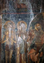 Christus en heiligen, fresco in kerk van Agios Ioannis, Kantanos, Kreta, Griekenland (foto)