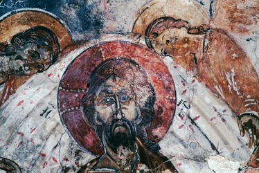 Christus, fresco in Byzantijnse kerk van St. George, Komitades, Kreta, Griekenland