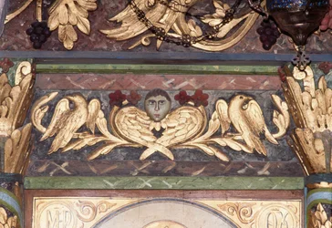 Decoratie, detail van iconostase in Byzantijnse kerk van St George, Anidri, Kreta, Griekenland (foto)