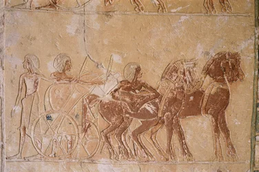 Egypte, Caïro, Oud Memphis, Saqqara necropolis, geschilderde reliëfs in het graf van Horemheb