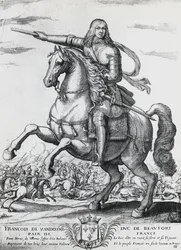 Ruiterportret van Frans van Bourbon-Vendome (1616-1669), tweede hertog van Beaufort en Franse generaal, gravure door Nicolas de La Fage