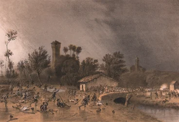 Eerste Divisie van Regina Brigade valt Montreoli Brug aan, Palestro, Lombardije