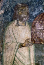 Fresco koper van kerk van Agia Anna, met model van kerk, fresco uit 1642, Anisaraki, Kreta, Griekenland
