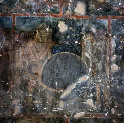 Fresco in klooster van Agios Georgios, Diavaide, Kreta, Griekenland (foto)