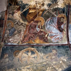 Fresco van heiligen in Byzantijnse kerk van Agios Georgios Xifoforos, Apodoulou, Kreta, Griekenland
