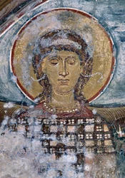 Fresco met heilige in Byzantijnse kerk van Agios Georgios, Vathi, Kreta, Griekenland