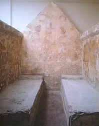 Afscheidsscène, beschilderde plaat van graf 1 van de necropolis in Spinazzo, Campania, Italië (4e eeuw v.Chr.)