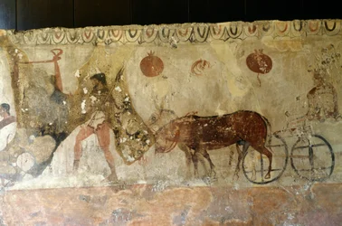 Reis naar de Onderwereld, fresco uit Necropolis in Andriuolo-Laghetto in Paestum, Campania, Italië, Oud-Griekse beschaving, Magna Graecia, 4e eeuw v.Chr.