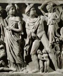 Marmeren sarcofaag, Reliëf dat de mythe van Prometheus uitbeeldt, Detail, Hermes en een van de Parcae of Schikgodinnen, Uit Arles