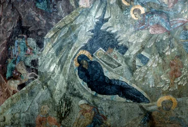 Geboorte, fresco in het klooster van Panagia Perivleptos, Byzantijnse stad Mystras