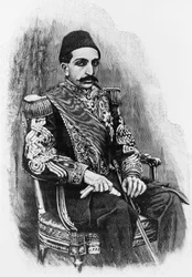 Portret van Abdul Hamid II, 34e Sultan van het Ottomaanse Rijk, gravure naar foto