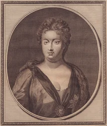Portret van Anne Stuart, Koningin van Groot-Brittannië (1665-1714), kopergravure door John Goldar (1729-1795) naar schilderij van G Kneller