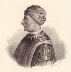 Portret van Italiaanse militaire leider Can Francesco della Scala ook bekend als Cangrande I (1291-1329), kopergravure door Eugenio Silvestri