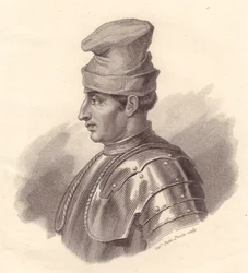 Portret van Italiaanse militaire leider Niccolo Fortebraccio ook bekend als della Stella, kopergravure door Caterina Piotti-Pirola