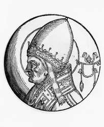 Portret van Sint Bonifatius IV (overleden 615), 67e paus van de Katholieke Kerk vanaf 608, gravure