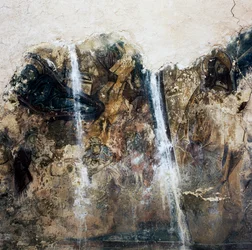 Resten van fresco in Byzantijnse kerk van Agios Georgios Xifoforos, Apodoulou, Kreta, Griekenland