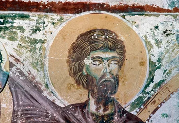 Heilige, detail van fresco in de kerk van Agios Georgios, Mourne, Kreta, Griekenland