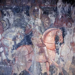 Heilige te paard, fresco in kerk in Palaia Roumata, Kreta, Griekenland