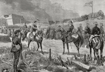 Spaanse generaal Jose Toral y Velazquez geeft zich over aan Amerikaanse troepen, Santiago de Cuba, juli 1898, Spaans-Amerikaanse oorlog, Cuba