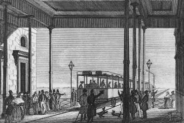 Trein vertrekt van Venezia Santa Lucia treinstation, Venetië, Italië, gravure