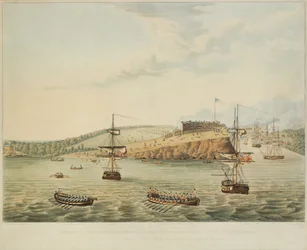 Aanval op Fort Oswego, Lake Ontario, Noord-Amerika. 6 mei 1814, middag, en bestorming van Fort Oswego door het Tweede Bataljon Royal Marines en een groep zeelieden, 15 minuten over twaalf 