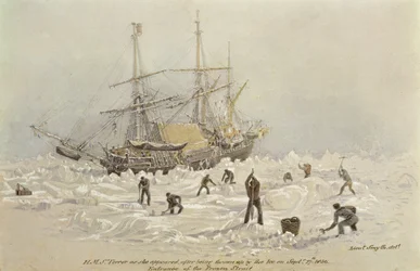 Incidenten tijdens een handelsreis: HMS Terror zoals zij verscheen na door het ijs te zijn opgeworpen in Frozen Channel, 27 september 1836