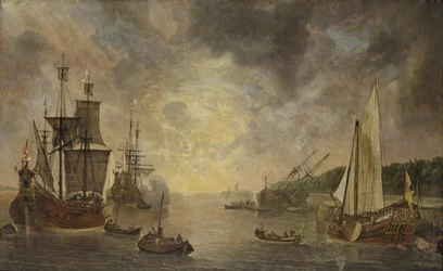 Een haven met een fluit, een fregat dat een saluut afvuurt, een fluit die wordt gekeerd en een staatsjacht, met andere schepen bij zonsondergang