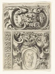 Cartouche met dierenkop en daaronder een cartouche met Madonna met kind
