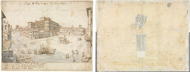 Achttien Zichten van Rome: De Piazza Barberini (recto); Tracering van een Fontein van Recto en Schetsen van Twee Gezichten (verso)