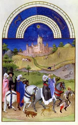 Facsimile van augustus: valkenjacht, uit de Très Riches Heures du Duc de Berry