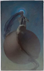 ""De zoektocht"" Dromerige voorstelling, vrouwelijke silhouet geplaatst op een wereldbol - Schilderij van Lindsay Bernard Hall (1859-1935)