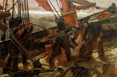 Scène op het dek van een schoener gevangen in een storm, een zeedrama, alle zeelieden en de vrouw van de kapitein zijn verzameld om de pomp te activeren en de zeilen en touwen te trekken