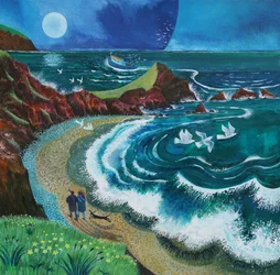 Wandelaars bij Hartland Bay, 2019 (acrylverf op papier)