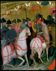 Bereden soldaten, detail van het altaarstuk van de Maagd en St. Joris, ca.1390-1400