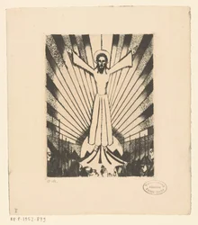 Christus met gespreide armen in een heuvellandschap