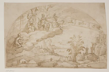 Apollo op de troon in de wolken boven een wijd landschap met de dierenriem achter hem