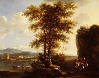 Een Italiaans bebost rivierlandschap met reizigers op een pad, een herder met vee en een stad in de verte