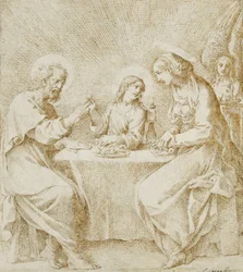Het kindje Jezus, de Maagd en Sint Jozef zittend aan een tafel met een engel