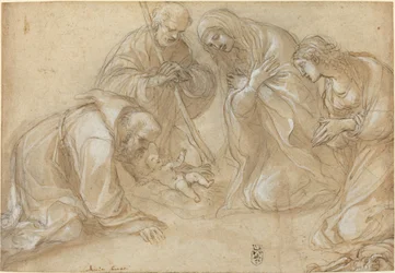 De geboorte met heiligen Franciscus en Agnes