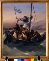 Grieken op een schip. Allegorie van Griekenland dat na de Ottomaanse overheersing en de Griekse Onafhankelijkheidsoorlog (1821-1830), of Griekse Revolutie, naar onafhankelijkheid oprukt. 1848, Verona