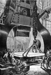 tekening door Leon Benett, uit het boek van Jules Verne “De 500 miljoen van de Begum” - editie Hetzel/Buitengewone Reizen 1879. hamerdrummer (drummer) aan het werk in een staalfabriek.