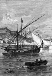 Illustratie bij de roman "Keraban de koppige" van Jules Verne, Hetzel-collectie/Buitengewone reizen, 1883. Tekening van Léon Benett: de haven van Kertsj (Krim), aan de Straat van Yenikale, tussen de Zwarte Zee en de Zee van Azov.