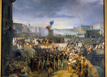 De Nationale Garde van Parijs, verzameld op de Pont Neuf, vertrekt in september 1792 naar het leger