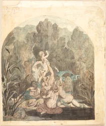 Mythologisch motief. Schetsen van landschap, paardfiguren en profielgezicht in de marge