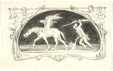 Vignet met een uitgeputte Pegasus voor een ploeg, aangedreven door een man met hoge hoed, gewapend met een grote pen