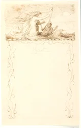 Vignet met harp spelende zeemeermin; hieronder ornamentomlijsting