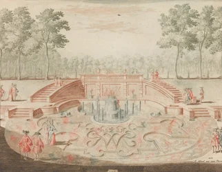 De Fontein van de Koninklijke door-eengevlochten Naam, voor de vijver, in: Tooneel Der Voor..., n.d.