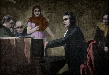 Ludwig van Beethoven speelt de Mondscheinsonate - gravure naar Lorenz Vogel